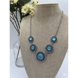 Fashion Jewelry Charming Charlie Teal Necklace Silver Tone Rhinestone Medallion